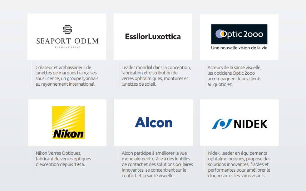 Nos partenaires : Seaport, ODLM, EssilorLuxottica, Optic 2000, Nikon, Alcon et Nidek. 